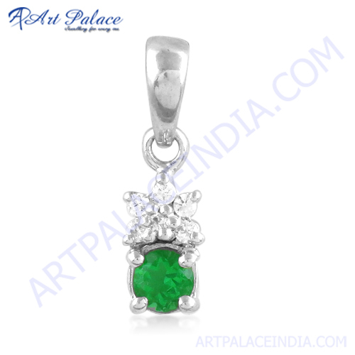 Beautiful Green Glass & Cz Gemstone Silver Pendant 