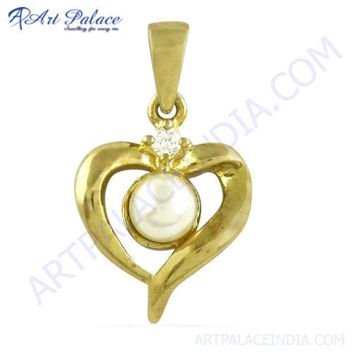 Pretty Heart Shape Cz & Pearl Gold Plated Silver Pendant