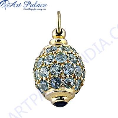 Trendy Blue Cubic Zirconia Gemstone Gold Plated Silver Pendant