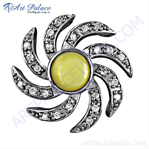 Rocking Style Cubic Zirconia & Mother Of Pearl Gemstone Silver Pendant