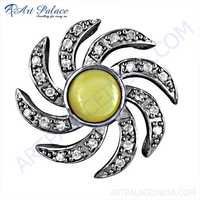 Rocking Style Cubic Zirconia & Mother Of Pearl Gemstone Silver Pendant - 925 Sterling Silver 26mm, Solitaire Party Pendant