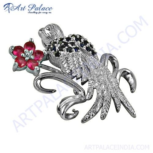 Cute Bird With Flower Style Silver Penadnt With Zirconia