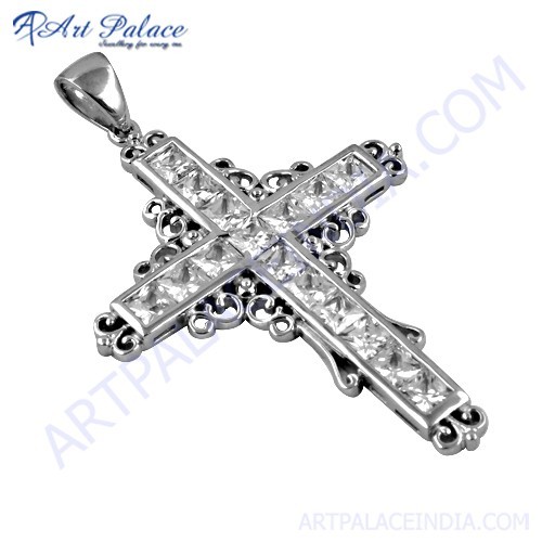 Trendy Cross Silver Pendant With Cubic Zirconia