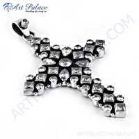 Religious Cross Style Crystal & Cubic Zirconia Gemstone Silver Pendant