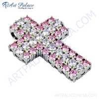 Charming Pink & White Zirconia Gemstone Silver Cross Pendant