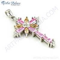 Fashionable Cross Multi Color Cz Silver Pendant - 925 Sterling Silver, 21x35mm, Zircon Solitaire, Party Women