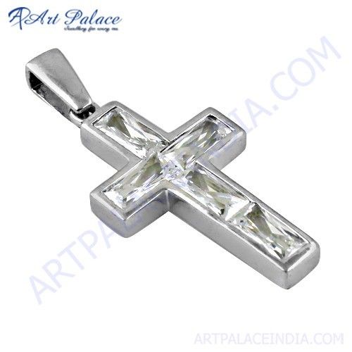 Trendy Cross CZ Gemstone Silver Pendant