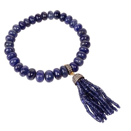 Gemstone Sapphire Tassel Beaded Bracelet - 18k Gold 925 Sterling Silver, 7-8 Inch, Blue Sapphire 186 Cts, Diamond 0.85 Cts, Handcrafted Luxury Accessory