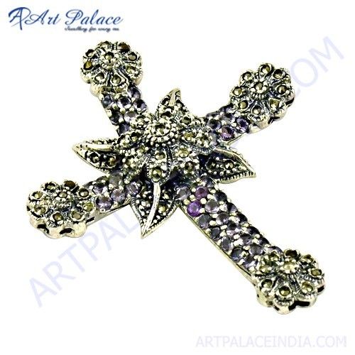 Antique Style Amethyst & Gun Metal Gemstone Cross Pendant