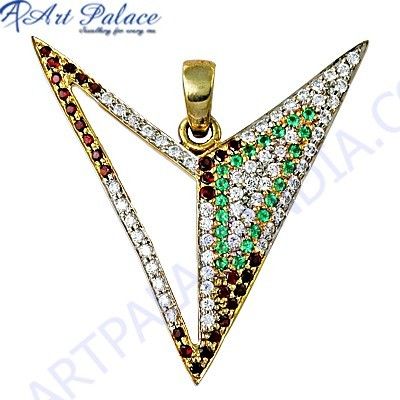 New Fashionable Cz, Garnet & Green Glass Gold Plated Silver Pendant