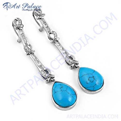 Fashionable Cubic Zirconia & Synthetic Turquoise Gemstone Silver Earrings