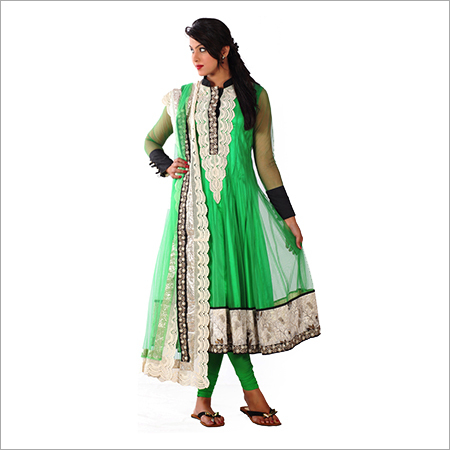 Green designer suit on net fancy work