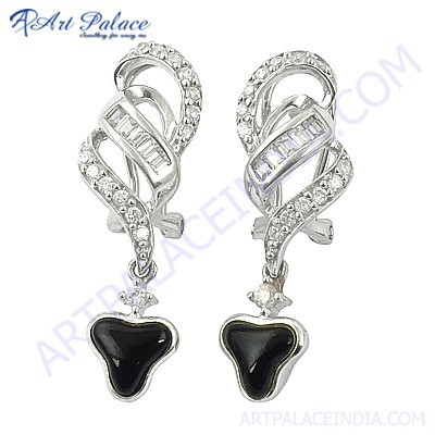 Feminine Unique Designer Black Coral & Cubic Zirconia Silver Earrings