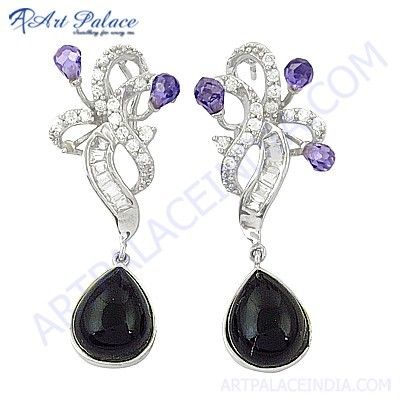 Antique Style Amethyst Zircon, Black Onyx & CZ Silver Earrings