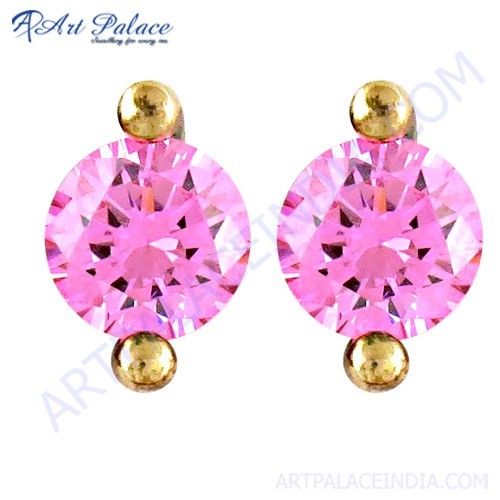Lovely Pink Cubic Zirconia Gemstone Silver Stud Earrings