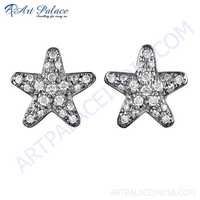 Stylish Star Shape Cz Gemstone Gold Plated Silver Earrings - 925 Sterling Silver, 1.8 Cm, Gold & White, Push Back Closure