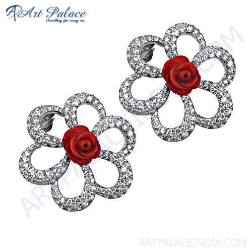 Cute Flower Cz & Synthetic Coral  Silver  Earrings