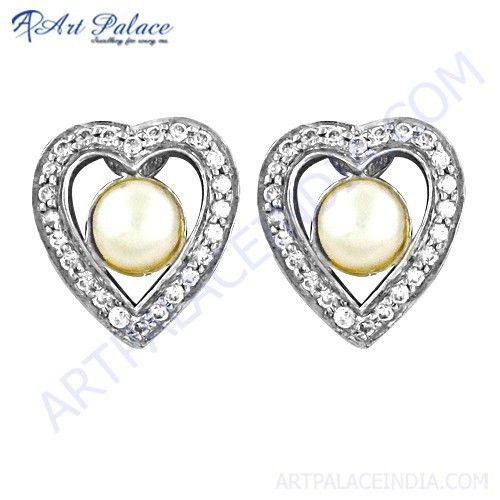 Rocking Heart Style Cubic Zirconia & Pearl Silver Earrings