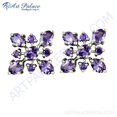 Graceful Amethyst Zircon Gemstone Silver Earrings