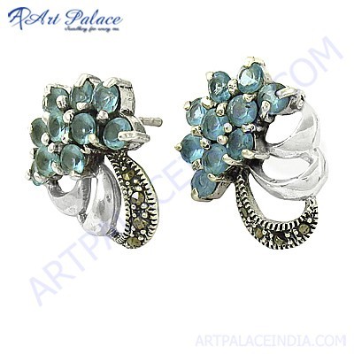 Lastest Luxury Blue Topaz Glass & Gun Metal Gemstone Silver Earrings