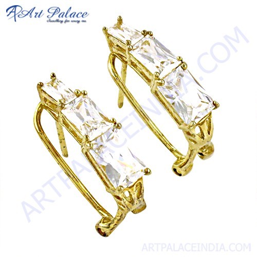 Fashionable Cz Gemstone Gold Plated Silver Earrings