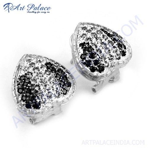 Hot Black & White Cubic Zirconia Silver Heart Style Earrings