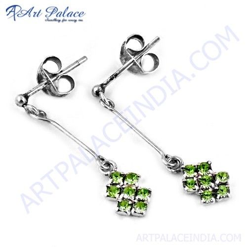 Famous Designer Peridot Zircon Gemstone Silver Earrings