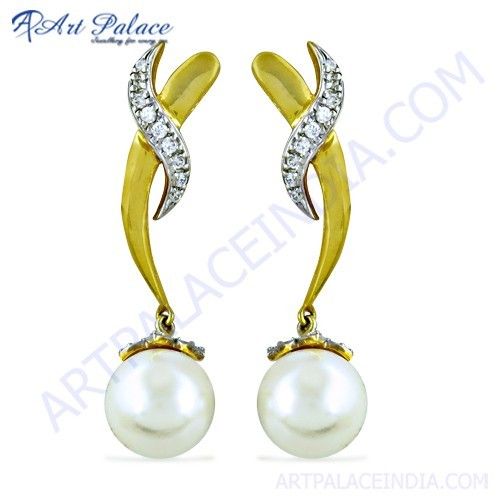 Newest Style Cz & Pearl Gemstone Gold Plated Silver Earrings