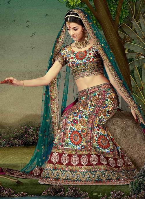 Lehenga-Choli - Silk Blend Maroon, Customizable Size | Hand-Stitched Embroidery, Elegant Design, Comfortable Fit