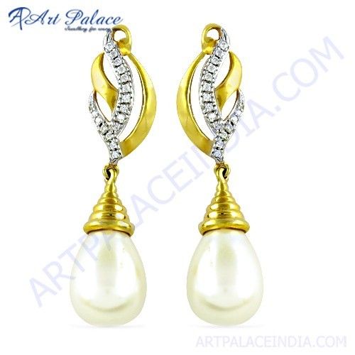 Party Wear Designer Cz & Pearl Gold Plated Silver Earrings