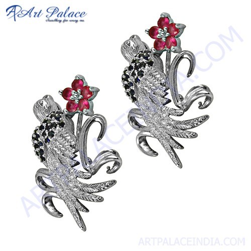 Beautiful Bird Style Inkzirconia & Pink cz Silver Earrings