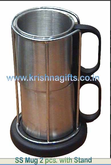 SS Mug 2pc with Stand - Stainless Steel, 350ml, Silver | Durable, Stackable, Easy to Clean, Plastic Handle, Metal Stand