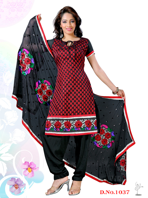 Latest Salwar Kameez - Cotton Blend, Medium, Red | Elegant Design, Comfortable Fit, Intricate Floral Embroidery, Stylish Churidar