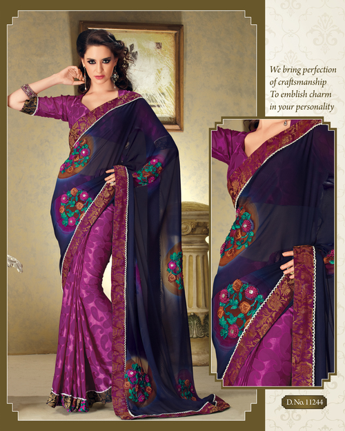 Indian Designer Sarees Online - Silk Blend, 5.5m Length, Purple, Floral Work | Elegant Design, Intricate Embroidery, Blouse Piece Included