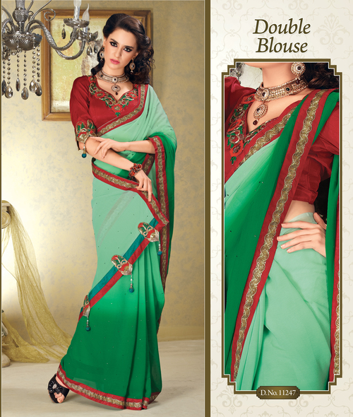 Designer Bollywood Sarees - Silk Blend, 5.5 Yards, Green, Double Layered Blouse | Hand-Stitched Embroidery, Elegant Design, Soft Fabric, Perfect Fit