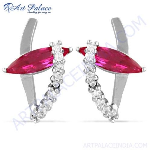 Fabulous Pink & White Cubic Zirconia Gemstone Silver Earrings