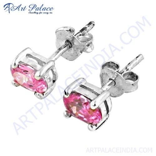 Cute Pink Cubic Zirconia Gemstone Silver Stud Earrings
