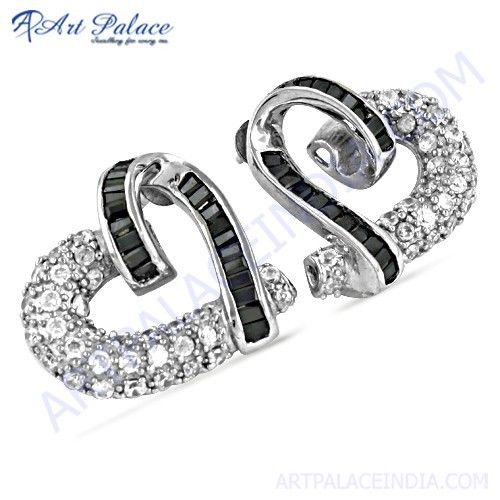 Stylish Heart Silver Earrings With Black & White Cubic Zirconia