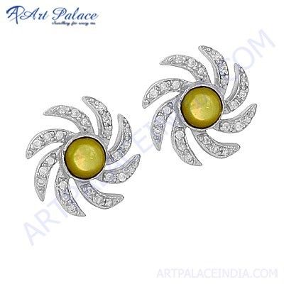 Sprial Flower Style Silver Earrings With C Z & Mother Of Pearl