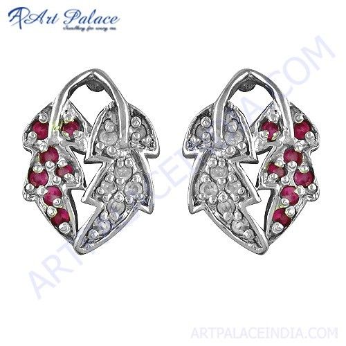 Dual Leaf Style Pink & White Cubic Zirconia Silver Earrings