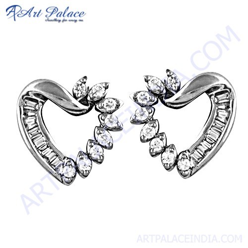 Lovable Heart Style CZ Silver Stud Earrings