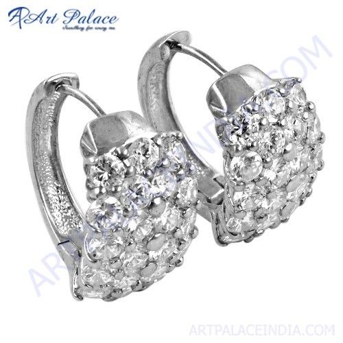 Famous Designer Cubic Zirconia Gemstone Silver Hoop Earrings