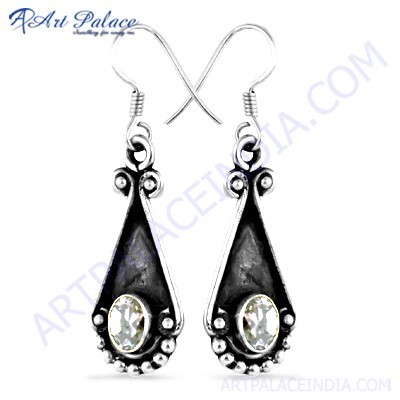 Party Wear Designer Cz Gemstone Silver Hook Earrings