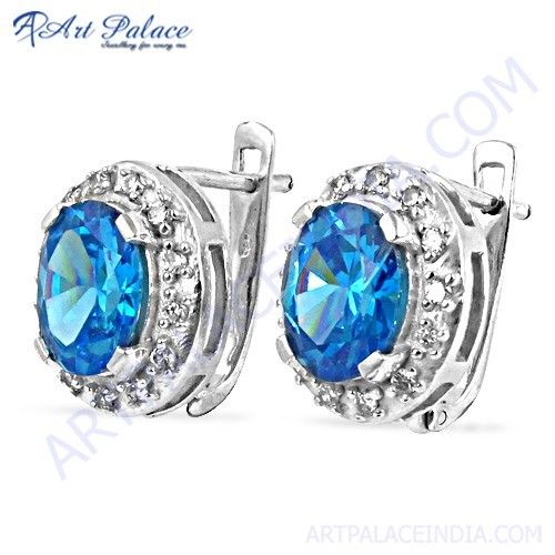 Dazzling Blue & White Cubic Zirconia Gemstone Silve Earrings