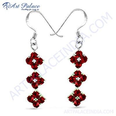 Attractive Red Cubic Zirconia Gemstone Silver Hook Earrings