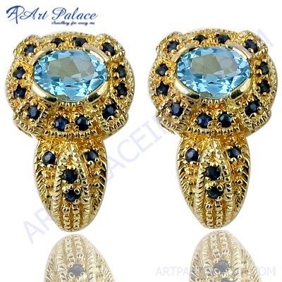 Unique Designer Blue CZ & Sapphire Gemstone Silver Gold Plated Earrings