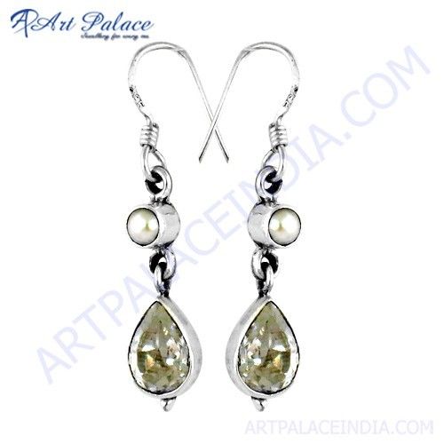 Handmade Cubic Zirconia & Pearl Gemstone Silver Hook Earrings