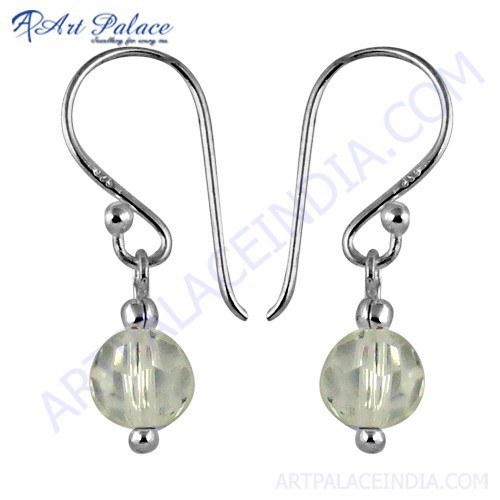 White Glass Gemstone Silver Drop Hook Earrings
