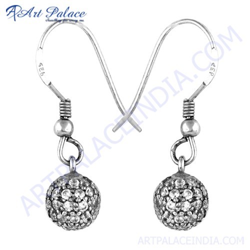 Designer Cubic Zirconia Gemstone Silver Hanging Earrings By ART PALACE