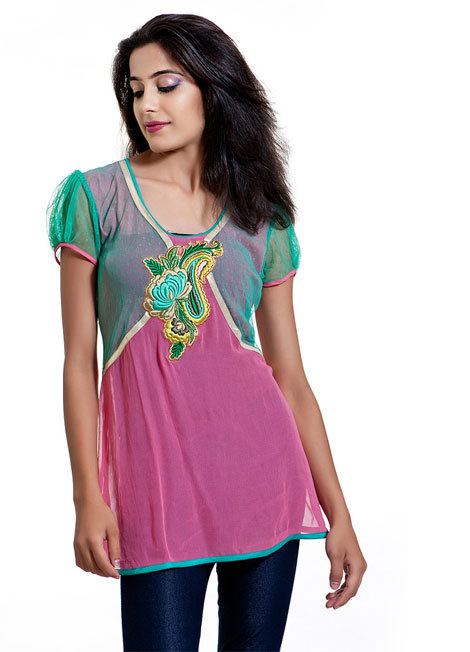 Designer Kurtis and Tunics - Net Material, Knee Length, Pink | Floral Embroidery, Stylish Design, Comfortable Fit
